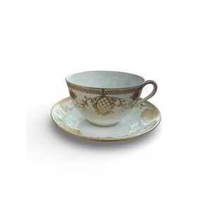 Antique Hand Painted Nippon Teacup & Saucer Gold Gilt Medallion Japan 1891-1921